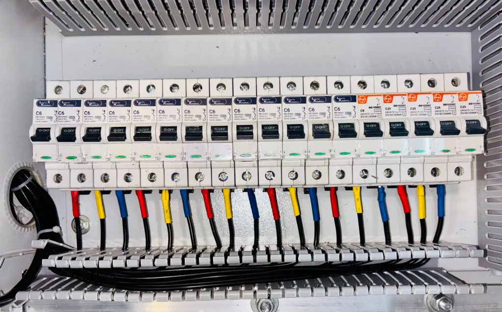 Electrical switchboard with circuit breakers and wiring