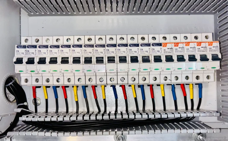 Electrical switchboard with circuit breakers and wiring
